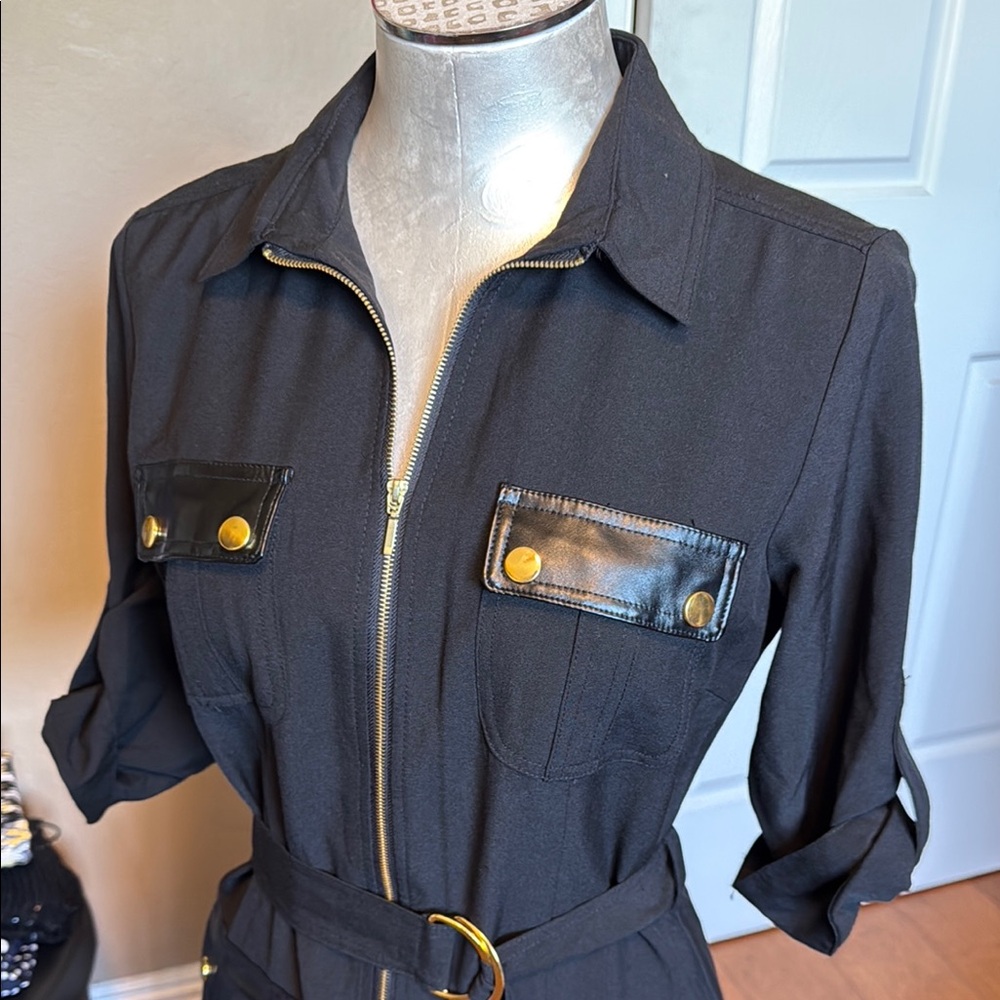 Sharagano Women’s Front Zip Black Shirt Dress 3/4 sleeves size 4 Like New - Picture 2 of 12